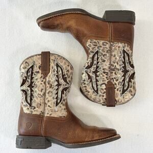 ARIAT Cowboy Boots Kid's 3.5 Spiced Cider Metallic Leopard Brown Square Toe